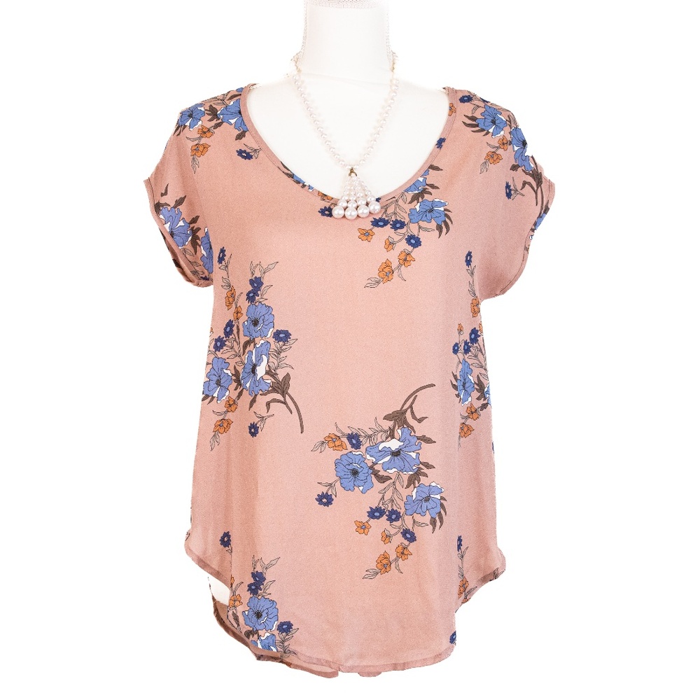 Sienna Sky Semi-Sheer Rose Relaxed Hi-Lo Neck Short SleeveBlouse w/ Floral Print